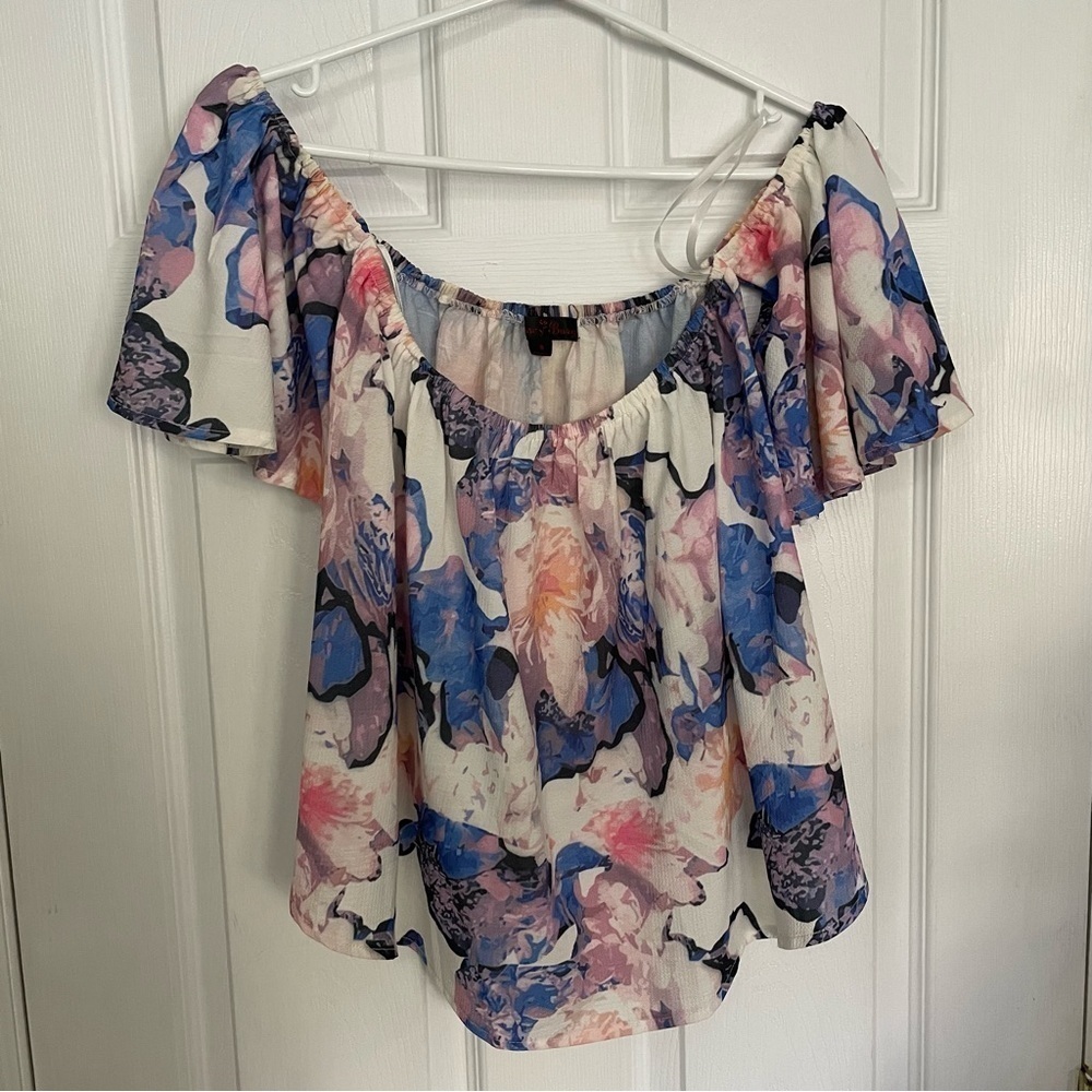 Rose Bud Floral Pink, Blue and White Off the Shoulder Top Blouse Small